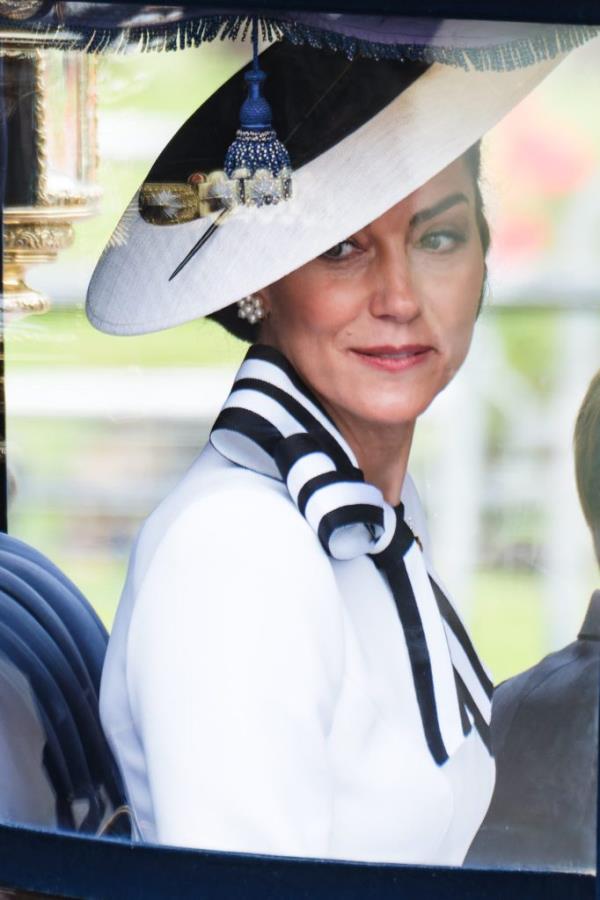 Catherine, Princess of Wales, leaving Buckingham Palace for the Trooping of the Colour parade, wearing a hat, on June 15, 2024