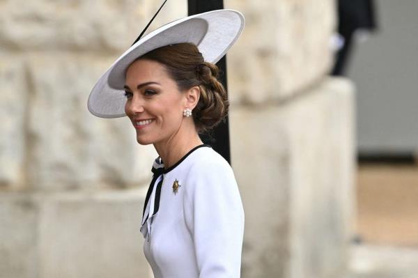 Princess Catherine of Wales, in a white dress and hat, attending the Trooping the Colour military parade in London, marking her return to public life.