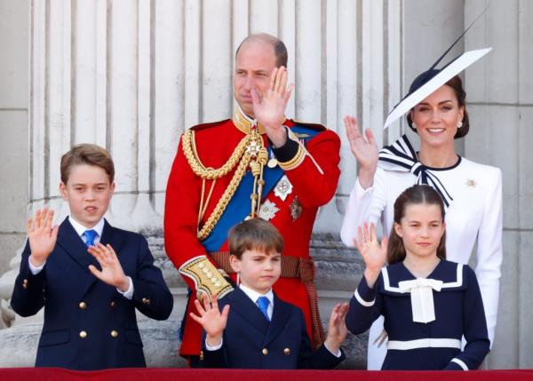 Prince William, Prince George, and the royal family waving from the Buckingham Palace balcony during the Trooping the Colour 2024 event in London, England.