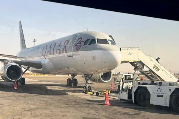 An airplane waiting to fly the five freed Americans from Mehrabad Internatio<em></em>nal Airport in Tehran, Iran on September 18, 2023.