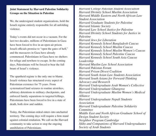 Thirty-four student groups at Harvard initially co-signed the letter circulated by the Harvard Palestine Solidarity Groups.