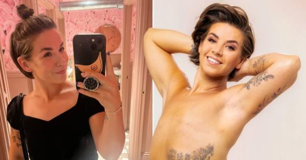 (L-R): Danni Moore posing in mirror selfie with hair tied up in a bun and wearing a black top, Danni Moore in professio<em></em>nal portrait showing mastectomy scars and smiling at camera