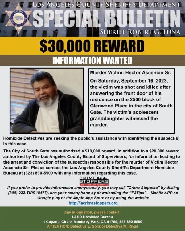 The Los Angeles County Sheriff's Department issued a $30,000 reward for information related to Ascencio's murder.