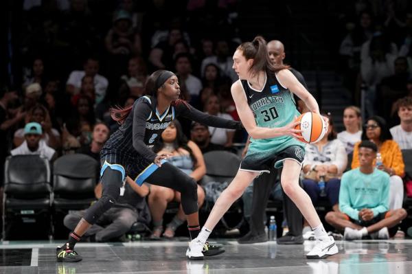 Breanna Stewart #30 of the New York Liberty handles the ball during the game against the Chicago Sky on August 11, 2023 in Brooklyn, New York.