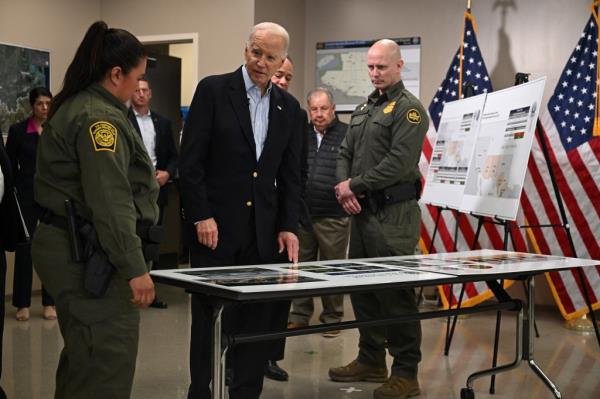 President Joe Biden receives an operatio<em></em>nal briefing from border patrol agents as he visits the US-Mexico border in Brownsville, Texas, on Feb. 29, 2024. 