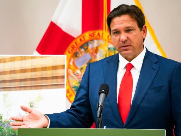 Gov. Ron DeSantis speaks during a press co<em></em>nference at the FGCU Kapnick Education and Research Center in Naples on Tuesday, April 23, 2024