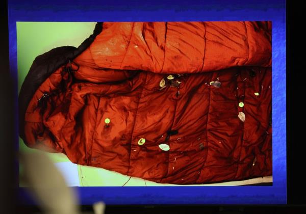 Bernstein's blood-soaked jacket seen in a photo shown in court