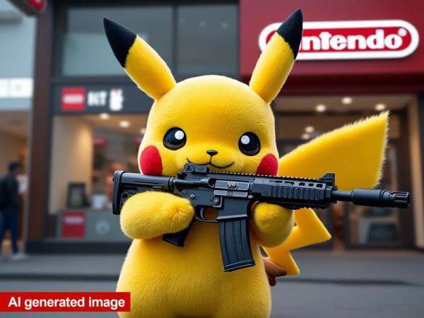 Deepfake image of Pokemon character Pikachu holding a machine gun, created by Grok