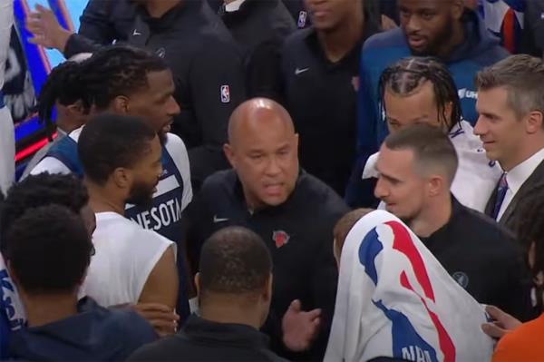 Timberwolves guard Do<em></em>nte DiVincenzo and Knicks assistant Rick Brunson had a tense exchange after New York's win over Minnesota in a preseason game at Madison Square Garden on Oct. 13, 2024. 