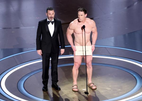 Jimmy Kimmel and an apparently nude John Cena at the 2024 Oscars.