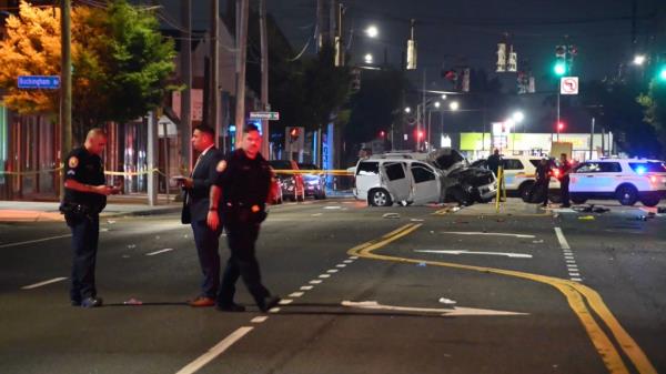 Police at the scene of a fatal crash in West Hempstead, Long Island on August 7, 2023.