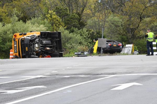 The scene of the crash that killed Ethan Falkowitz and Drew Hassenbein in Yaphank, New York on May 4, 2023.