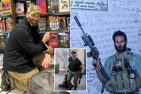 Jack Carr kneeling in front of a book shelf and pointing towards his 