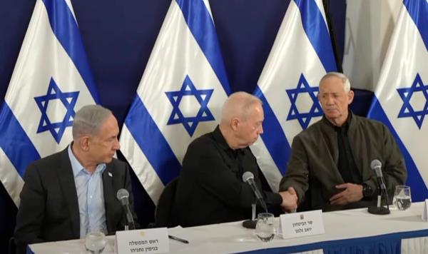 Netanyahu (left) was joined by Defense Minister Yoav Gallant and Knesset member Benny Gantz.