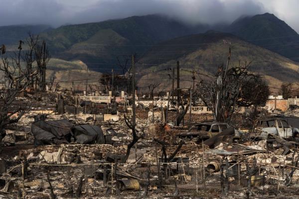 Aftermath of wildfire in Lahaina, Hawaii.