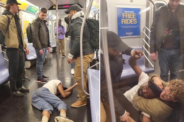 Daniel Penny with Neely in a chokehold and Jordan Neely lying on the subway floor.