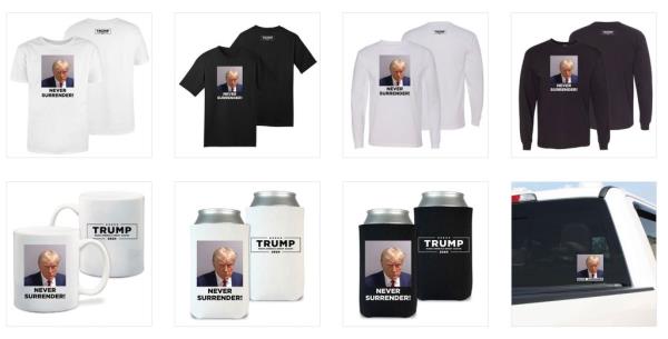 Tump's own campaign cashed in on the former president's historic mugshot, and released a line of T-shirts, long-sleeve shirts, mugs and beer Koozies featuring the booking photo.