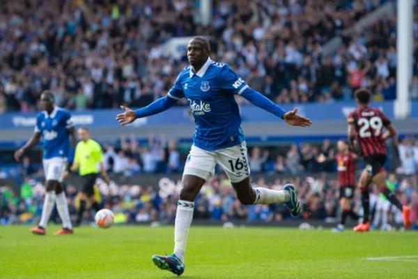  Abdoulaye Doucoure of Everton celebrates scoring his teams third goal during the Premier League match between Everton FC and AFC Bournemouth at Goodison Park.