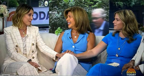 Hoda Kotb and Jenna Bush Hager sitting on a couch, Hoda announcing her departure from the Today Show on September 26th, 2024