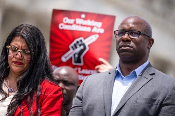 Reps. Jamaal Bowman and Rashida Tlaib at a news co<em></em>nference supporting free speech on college campuses, May 23, 2024