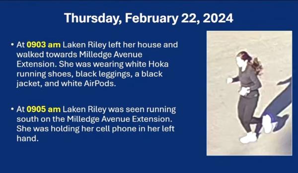 At 9:30 am, Riley left her house wearing a white Hoka running shoes and black leggings, according to reports.