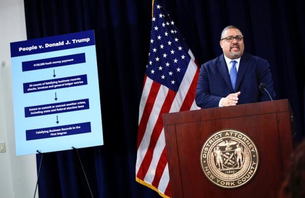 A man wears a blue suit and stands at a New York County lectern next to a poster that says 'People v. Do<em></em>nald J. Trump' and in front of an American flag.