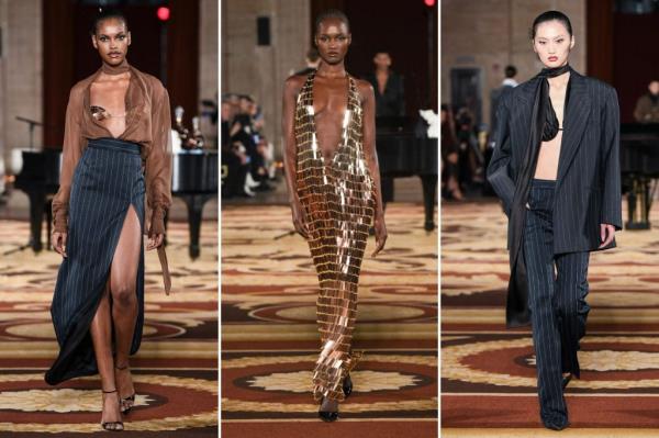 Three looks fro Laquan Smith include crop tops, pant suits, and shimmering gold