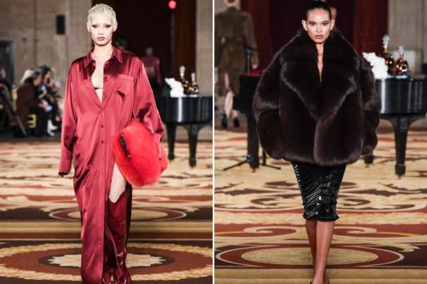 A red silk dress and giant fur coat at Laquan Smith