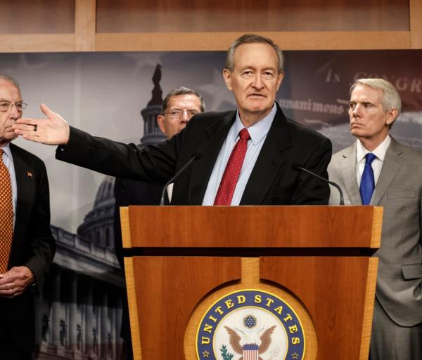 Sen. Mike Crapo (R-ID), the ranking member of the Senate Finance Committee, speaks at a press co<em></em>nference on taxes at the U.S. Capitol Building on August 03, 2022 in Washington, DC.