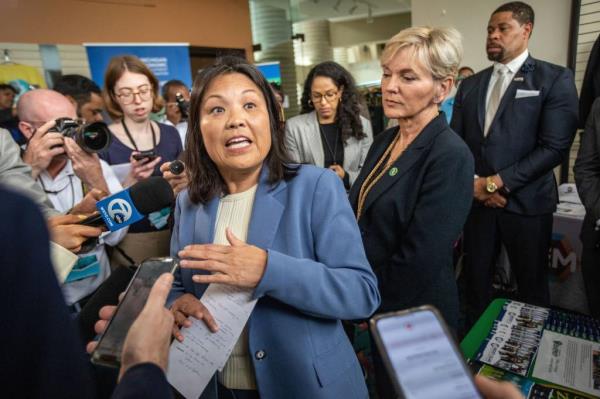 United States Secretary of Energy Jennifer Granholm , right, and Acting Secretary of Labor Julie A. Su announce new funding and resources for small- and medium-sized auto manufacturers and autoworkers to the media, before United States Vice President Kamala Harris speaks at the Charles H. Wright African American museum in Detroit on her natio<em></em>nwide Eco<em></em>nomic Opportunity Tour on Monday, May 6, 2024.