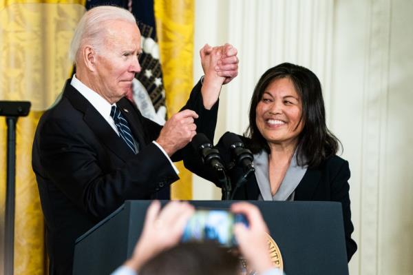 President Joe Biden and Julie Su during an event for the nomination of Julie Su to serve as the Secretary of Labor in the East Room of the White House on Wednesday March 1, 2023.</p>

<p>　　