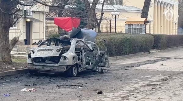 Screenshot from a video shows a car after a deadly explosion in Luhansk, Ukraine