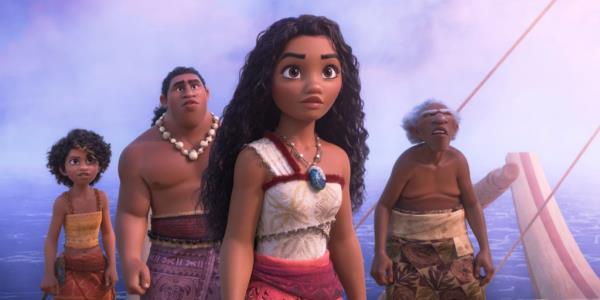 Moana and her crew looking at something in the distance