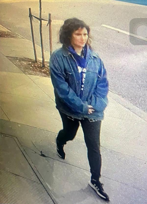 Photo shows suspect wearing a denim jacket and black pants.