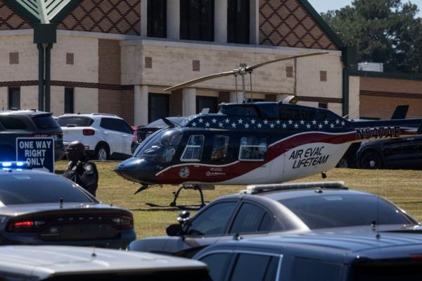 An air evacuation helicopter sits on standby after a shooting took place at Apalachee High School in Winder, Georgia, on September 4, 2024. 