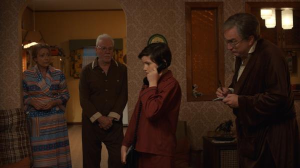 Claire Rankin, Malcolm McDowell, Benjamin Evan Ainsworth and Mark Critch in a scene from 