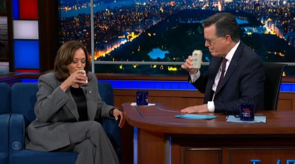 The Late Show with Stephen Colbert and guest Vice President Kamala Harris drink beers during Tuesday's October 8, 2024 show.