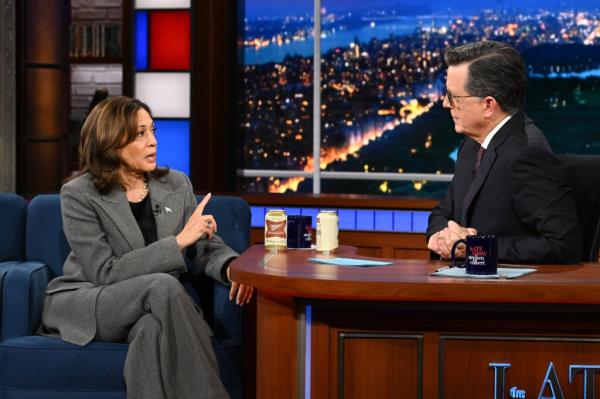 The Late Show with Stephen Colbert and guest Vice President Kamala Harris during Tuesday's October 8, 2024 show.