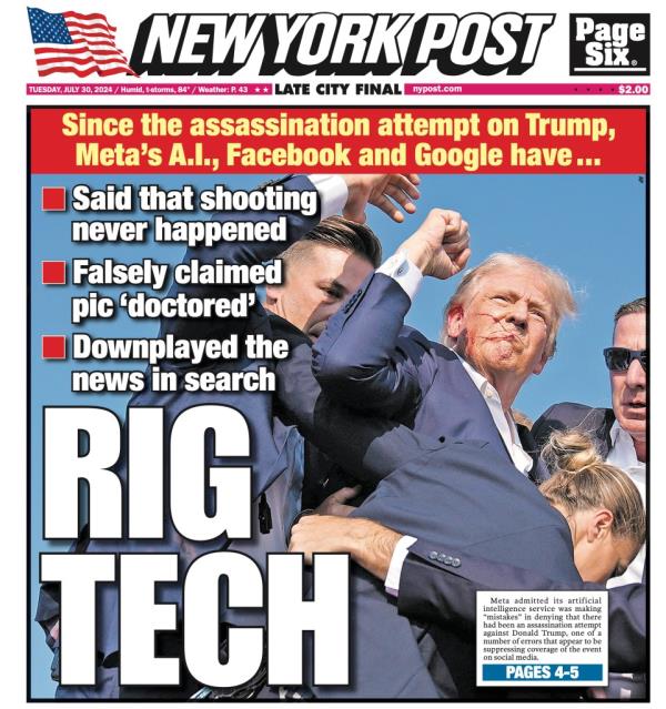 New York Post cover from July 30, 2024, featuring a man hugging Do<em></em>nald Trump, with headlines accusing Google and me<em></em>ta of suppressing information related to an assassination attempt on Do<em></em>nald Trump.