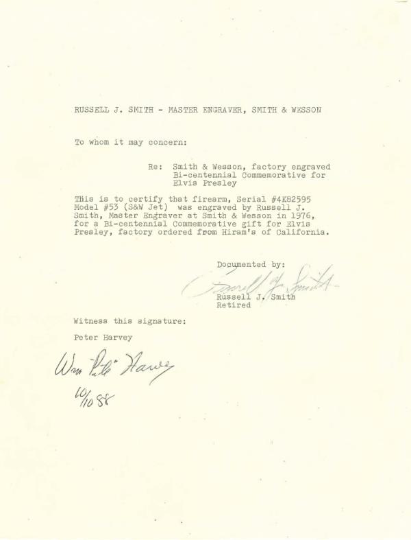 A letter certifying that the gun was engraved for Presley.