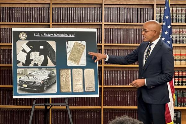 US Attorney Damian Williams at a press co<em></em>nference announcing the charges against Menendez