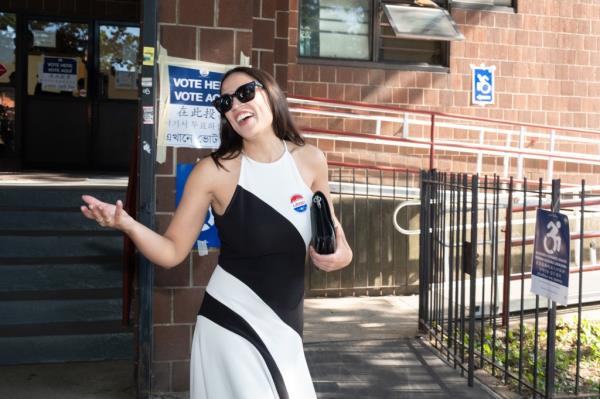 Alexandria Ocasio-Cortez votes at her polling site, Florence E. Smith Community Center.