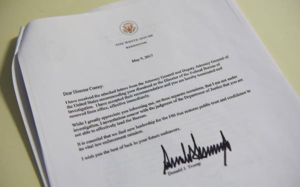 A copy of the termination letter to FBI Director James Comey from US President Do<em></em>nald Trump.