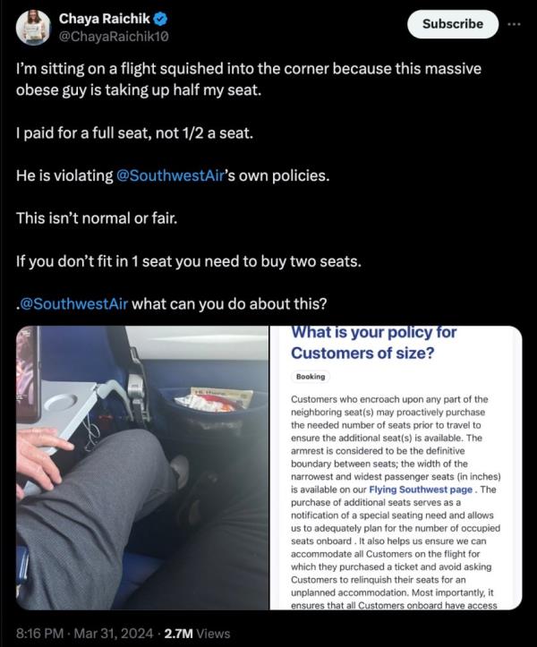 LibsOfTikTok founder hits out at Southwest Airlines on X for letting 'massive obese guy' take up half her seat