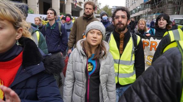 Greta Thunberg joins protesters from Fossil Free Lo<em></em>ndon outside the InterCo<em></em>ntinental in central London, to demo<em></em>nstrate ahead of the Energy Intelligence Forum, a gathering between Shell, Total, Equinor, Saudi Aramco, and other oil giants