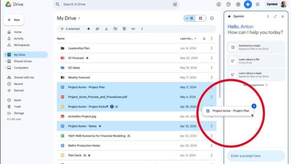 Multiple files can be selected in Google Drive and dragged into the Gemini sidebar for AI assistance.