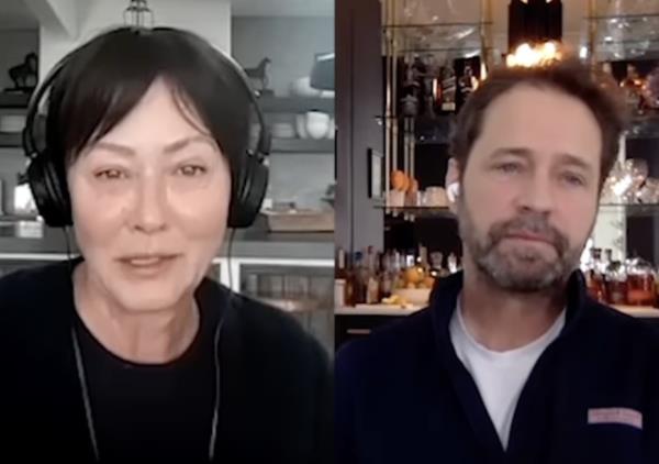 Shannen Doherty and Jason Priestley during Priestley's in-dept interview on Doherty's podcast, 