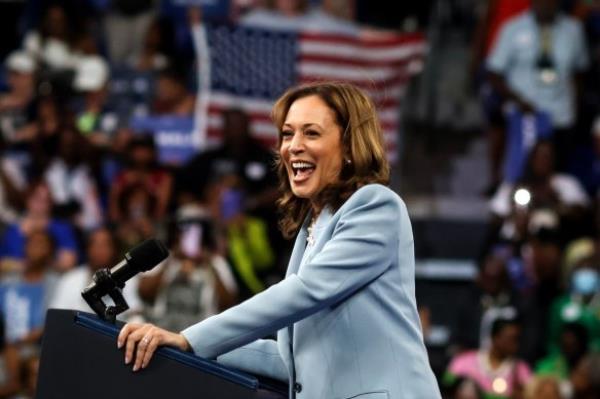 US Vice President Kamala Harris during a campaign event in Atlanta, Georgia, on July 30, wher<em></em>e rapper Megan Thee Stallion performed.