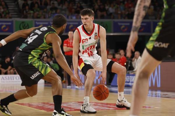 MELBOURNE, AUSTRALIA - OCTOBER 01: Ben Henshall of the Wildcats dribbles during the round one NBL match between South East Melbourne Phoenix and Perth Wildcats at John Cain Arena, on October 01, 2023, in Melbourne, Australia. (Photo by Daniel Pockett/Getty Images)