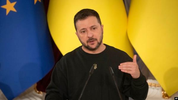 FILE - Ukrainian President Volodymyr Zelenskyy speaks during a joint press co<em></em>nference with European Council President Charles Michel and President of Moldova Maia Sandu in Kyiv, Ukraine, Nov. 21, 2023.